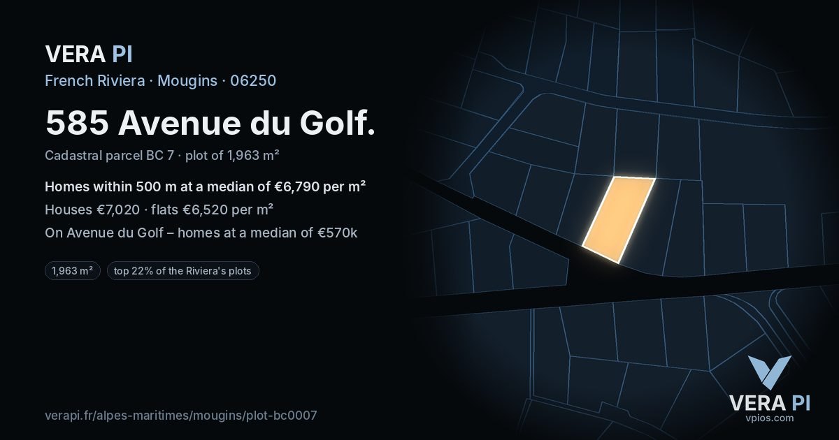 585 Avenue du Golf, Mougins at night – the plot lit, the parcels around coloured by the prices near them