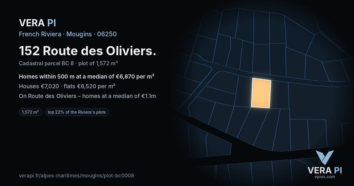 152 Route des Oliviers, Mougins at night – the plot lit, the parcels around coloured by the prices near them