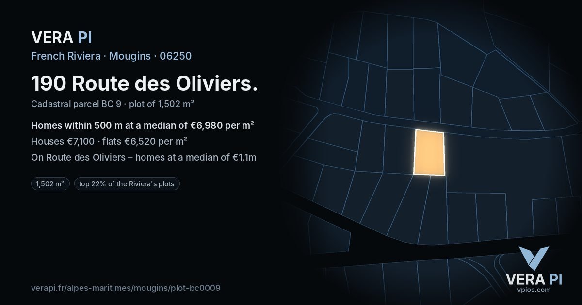 190 Route des Oliviers, Mougins at night – the plot lit, the parcels around coloured by the prices near them