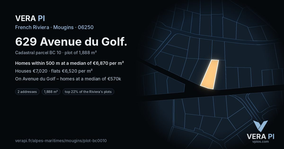 629 Avenue du Golf, Mougins at night – the plot lit, the parcels around coloured by the prices near them