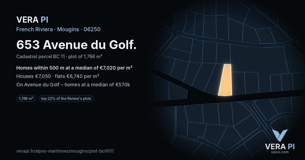 653 Avenue du Golf, Mougins at night – the plot lit, the parcels around coloured by the prices near them