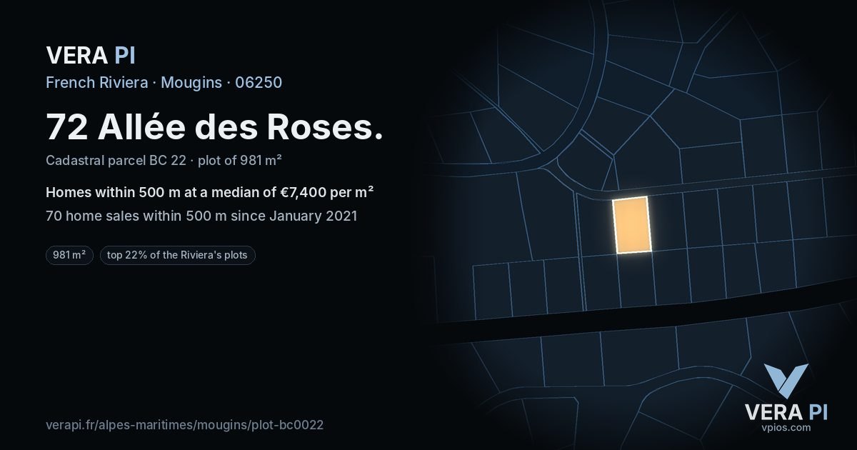 72 Allée des Roses, Mougins at night – the plot lit, the parcels around coloured by the prices near them