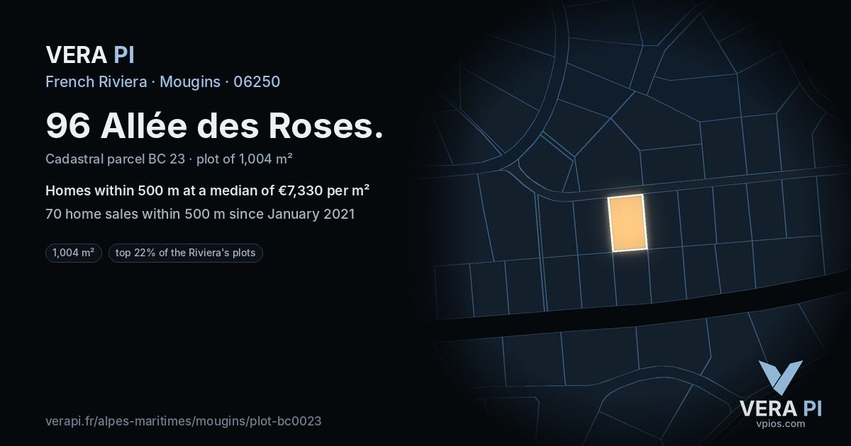 96 Allée des Roses, Mougins at night – the plot lit, the parcels around coloured by the prices near them