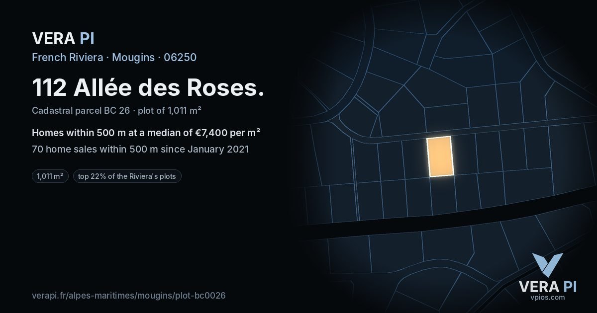 112 Allée des Roses, Mougins at night – the plot lit, the parcels around coloured by the prices near them