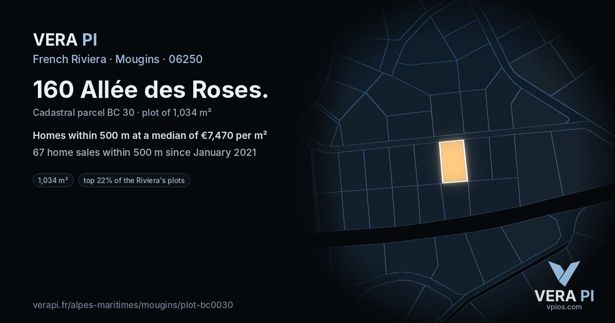 160 Allée des Roses, Mougins at night – the plot lit, the parcels around coloured by the prices near them