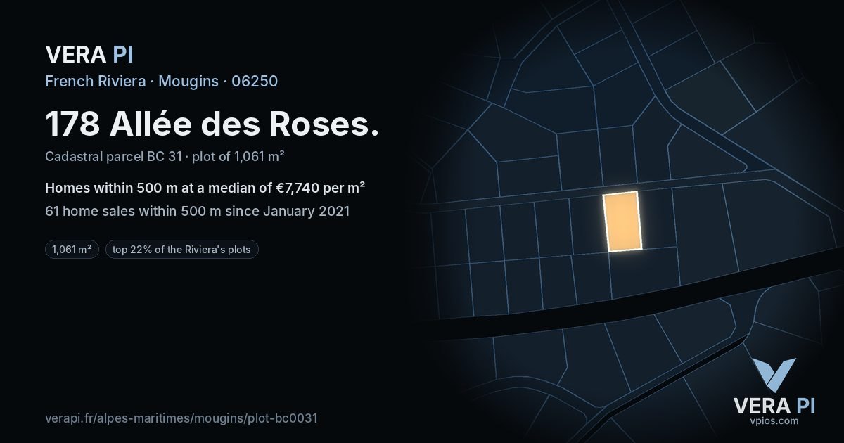 178 Allée des Roses, Mougins at night – the plot lit, the parcels around coloured by the prices near them