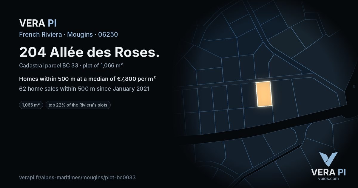 204 Allée des Roses, Mougins at night – the plot lit, the parcels around coloured by the prices near them