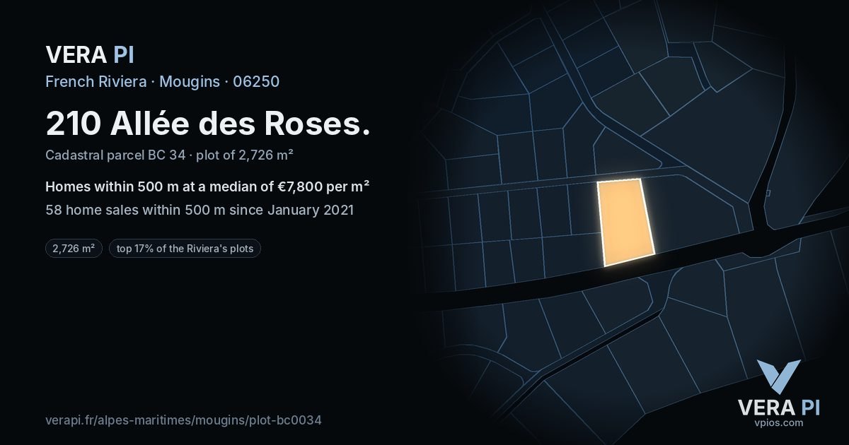210 Allée des Roses, Mougins at night – the plot lit, the parcels around coloured by the prices near them