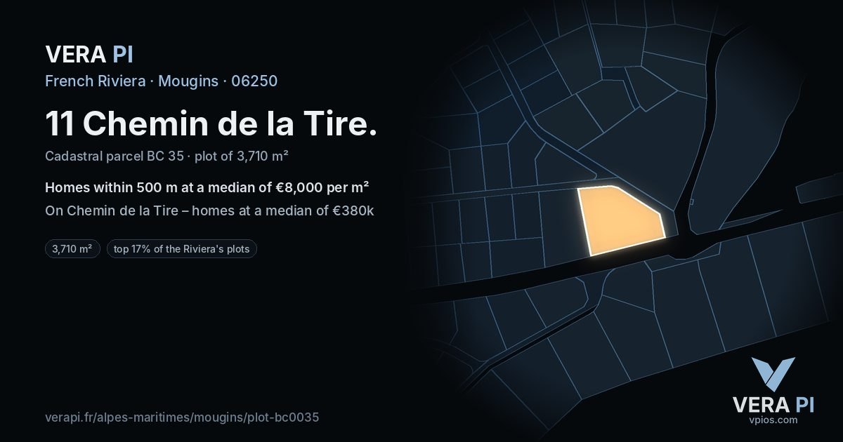 11 Chemin de la Tire, Mougins at night – the plot lit, the parcels around coloured by the prices near them