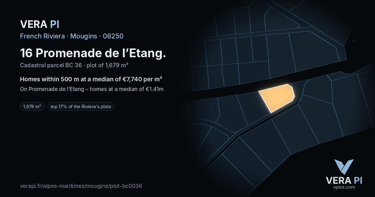 16 Promenade de l’Etang, Mougins at night – the plot lit, the parcels around coloured by the prices near them