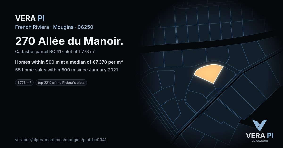 270 Allée du Manoir, Mougins at night – the plot lit, the parcels around coloured by the prices near them