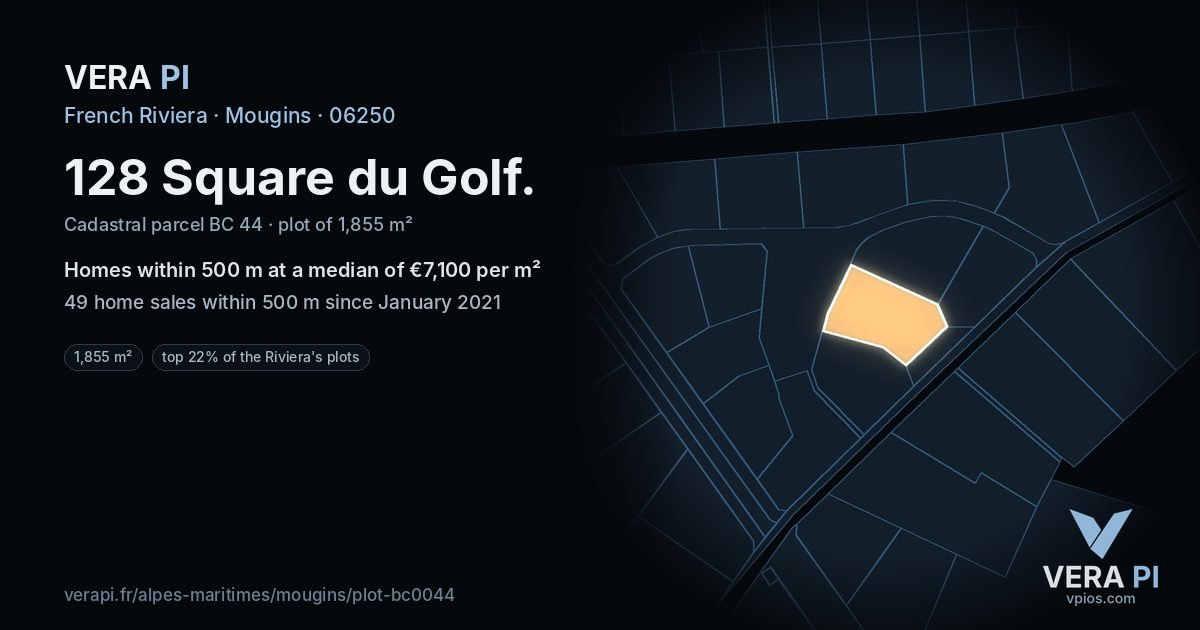128 Square du Golf, Mougins at night – the plot lit, the parcels around coloured by the prices near them
