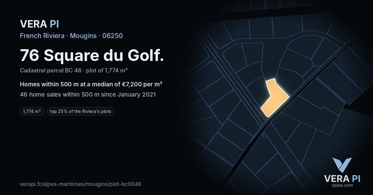 76 Square du Golf, Mougins at night – the plot lit, the parcels around coloured by the prices near them