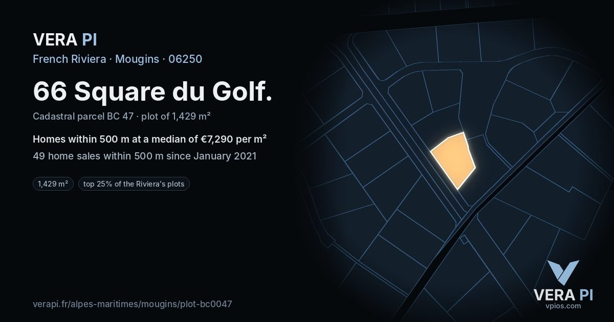 66 Square du Golf, Mougins at night – the plot lit, the parcels around coloured by the prices near them