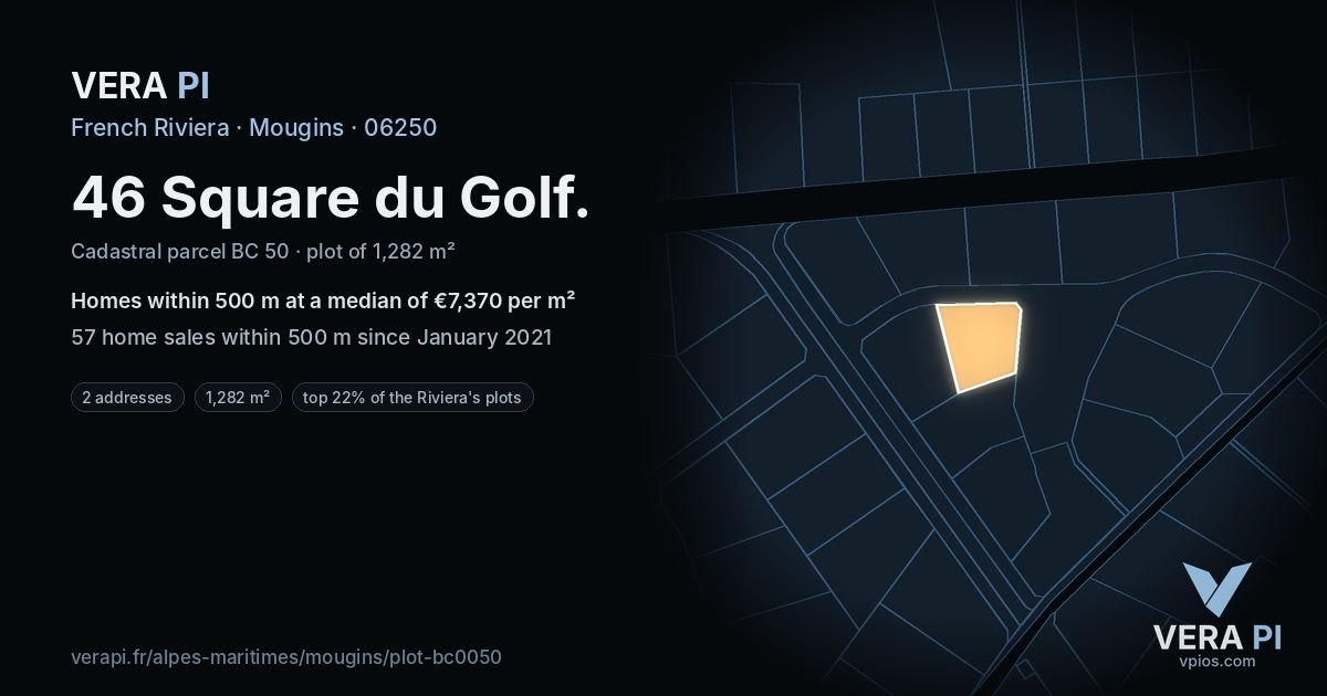 46 Square du Golf, Mougins at night – the plot lit, the parcels around coloured by the prices near them