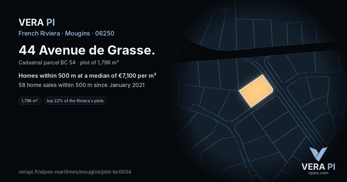 44 Avenue de Grasse, Mougins at night – the plot lit, the parcels around coloured by the prices near them