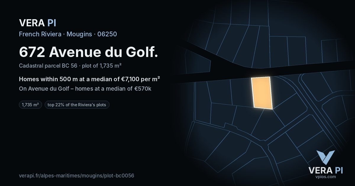 672 Avenue du Golf, Mougins at night – the plot lit, the parcels around coloured by the prices near them