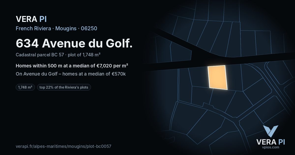 634 Avenue du Golf, Mougins at night – the plot lit, the parcels around coloured by the prices near them