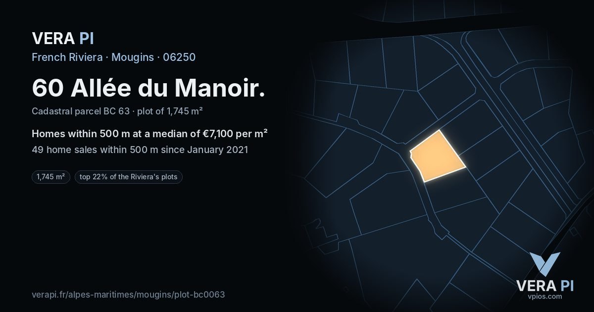 60 Allée du Manoir, Mougins at night – the plot lit, the parcels around coloured by the prices near them