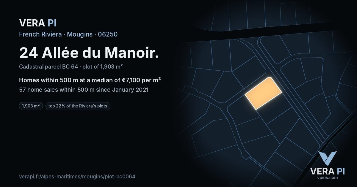 24 Allée du Manoir, Mougins at night – the plot lit, the parcels around coloured by the prices near them