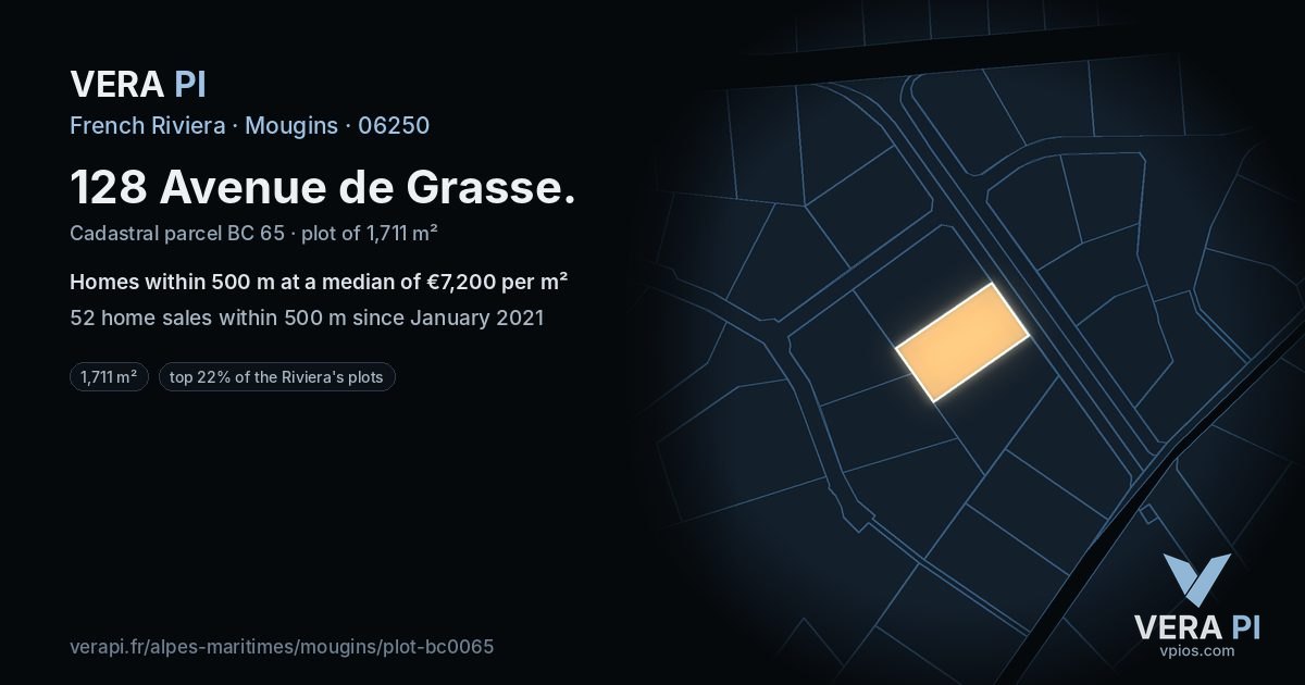128 Avenue de Grasse, Mougins at night – the plot lit, the parcels around coloured by the prices near them