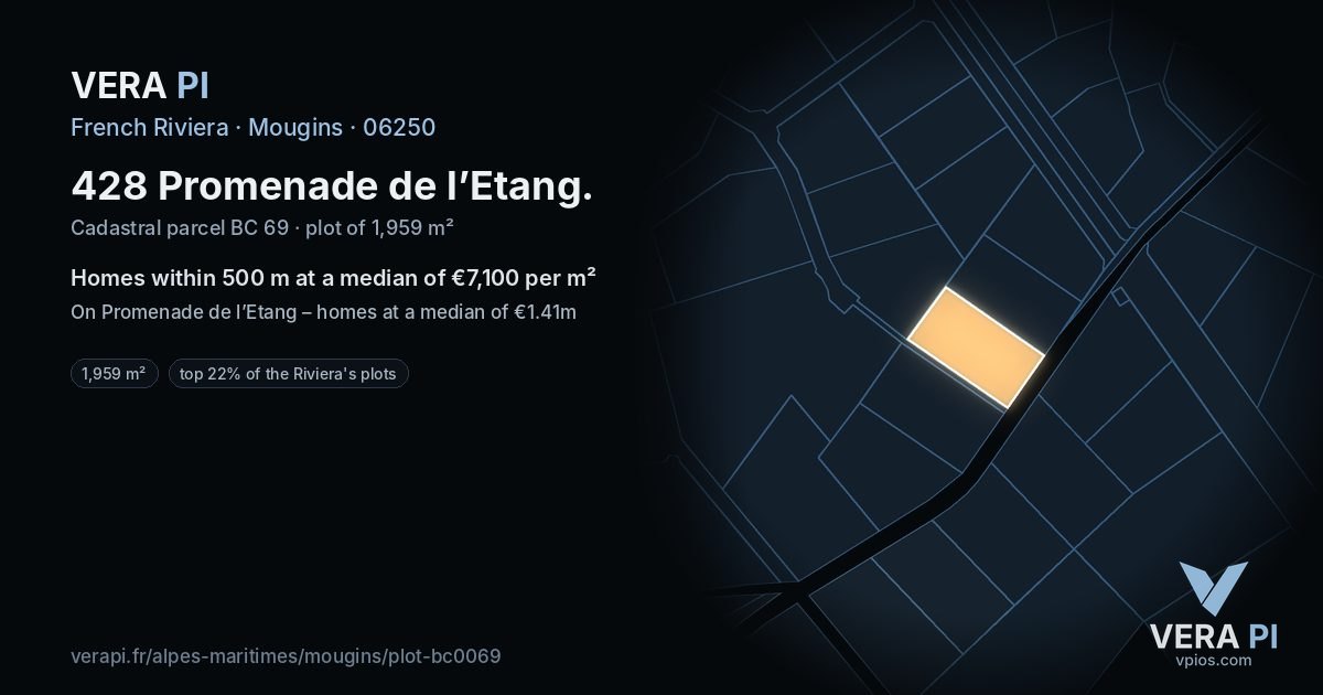 428 Promenade de l’Etang, Mougins at night – the plot lit, the parcels around coloured by the prices near them