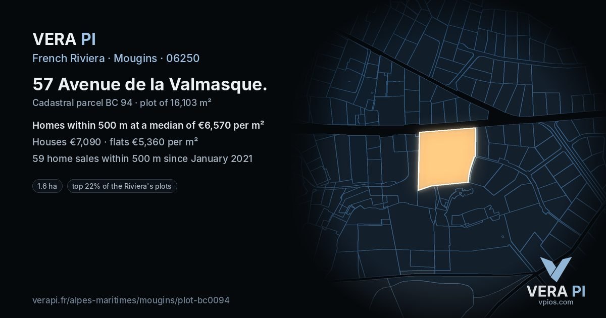 57 Avenue de la Valmasque, Mougins at night – the plot lit, the parcels around coloured by the prices near them