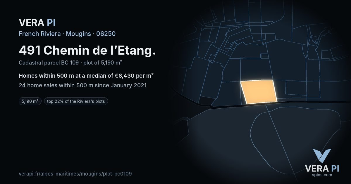 491 Chemin de l’Etang, Mougins at night – the plot lit, the parcels around coloured by the prices near them