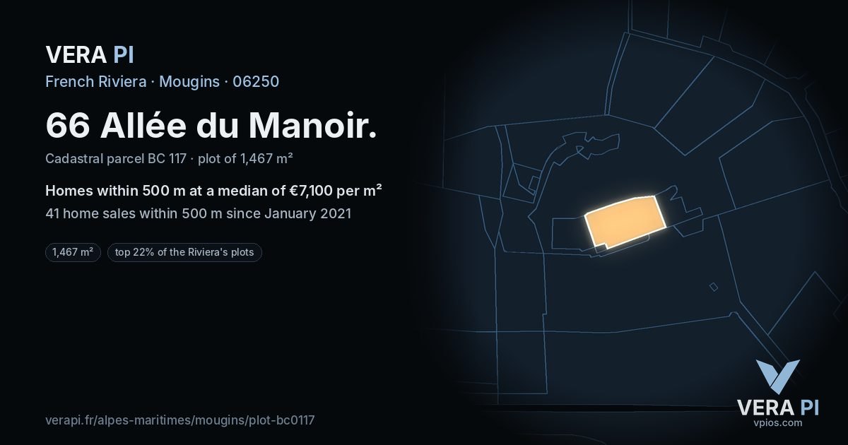 66 Allée du Manoir, Mougins at night – the plot lit, the parcels around coloured by the prices near them