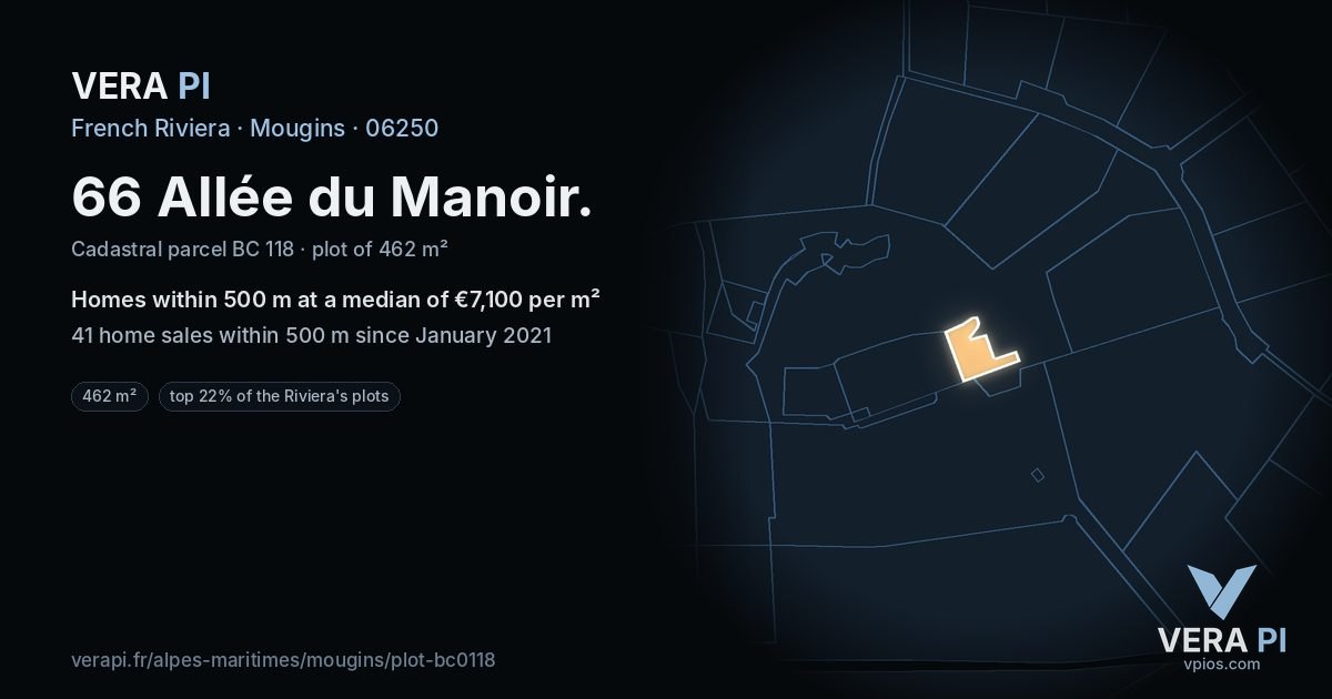66 Allée du Manoir, Mougins at night – the plot lit, the parcels around coloured by the prices near them