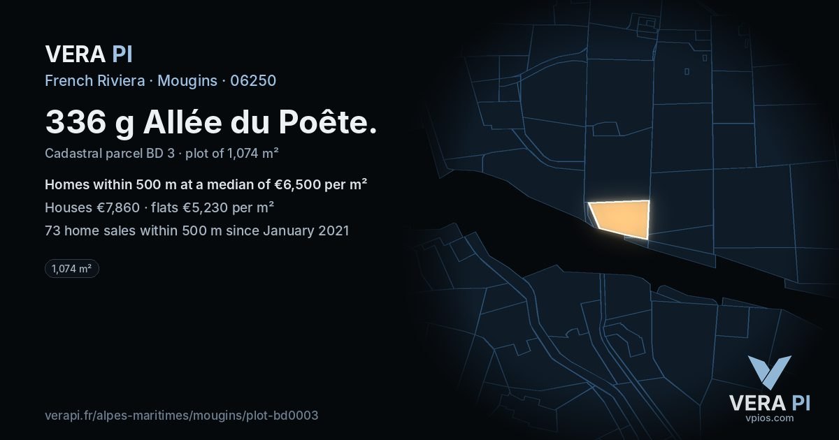 336 g Allée du Poête, Mougins at night – the plot lit, the parcels around coloured by the prices near them
