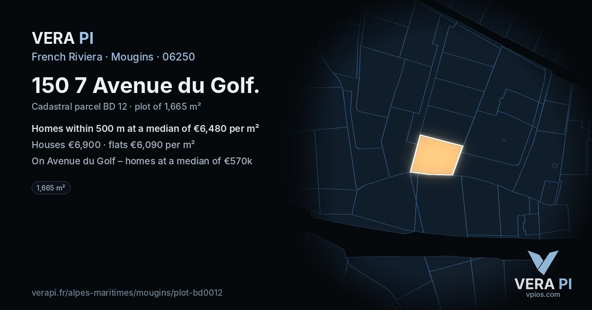150 7 Avenue du Golf, Mougins at night – the plot lit, the parcels around coloured by the prices near them