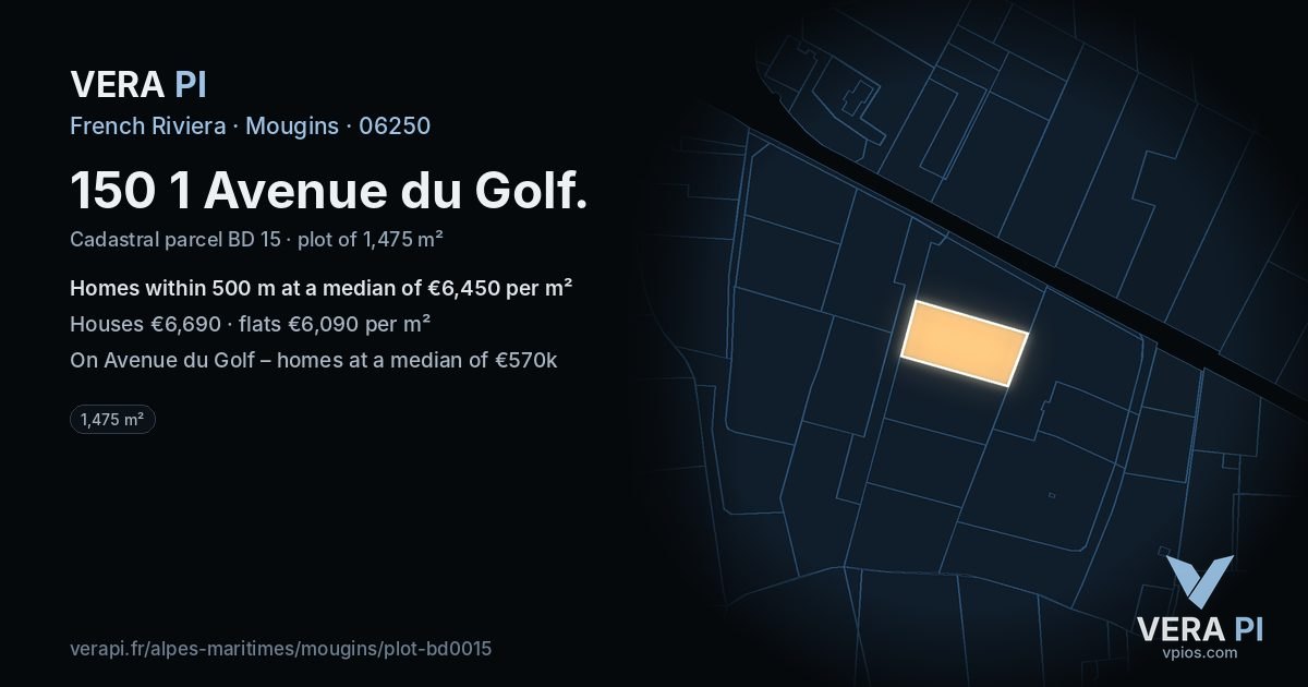 150 1 Avenue du Golf, Mougins at night – the plot lit, the parcels around coloured by the prices near them