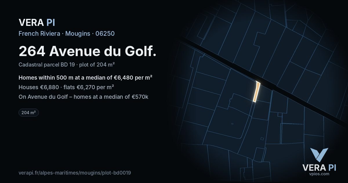 264 Avenue du Golf, Mougins at night – the plot lit, the parcels around coloured by the prices near them
