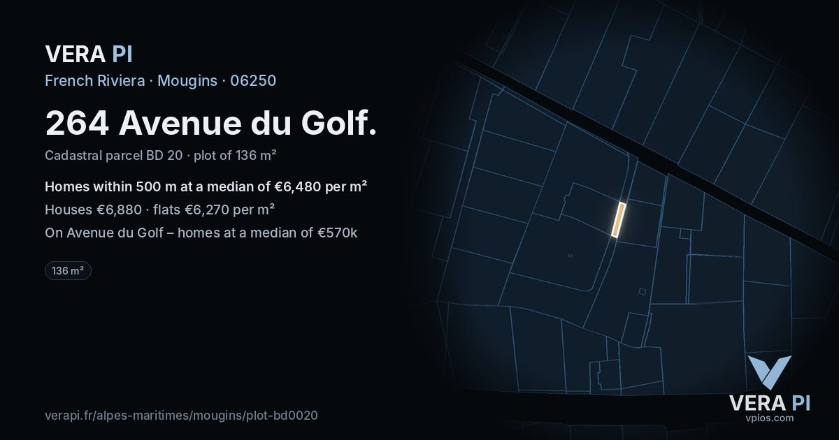 264 Avenue du Golf, Mougins at night – the plot lit, the parcels around coloured by the prices near them