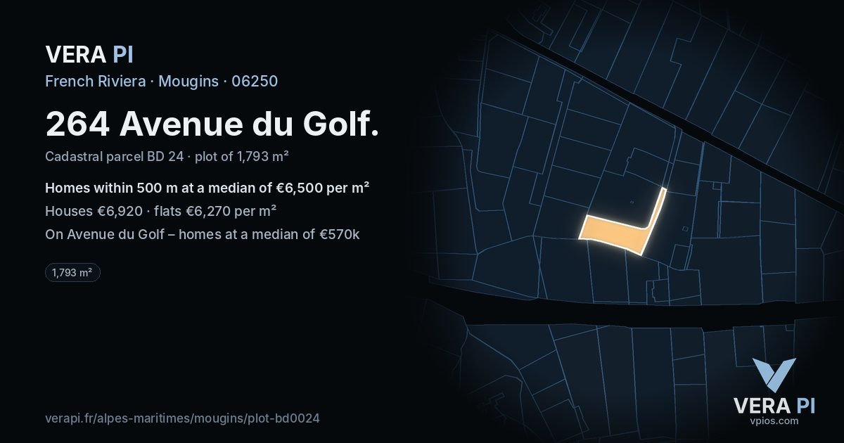 264 Avenue du Golf, Mougins at night – the plot lit, the parcels around coloured by the prices near them