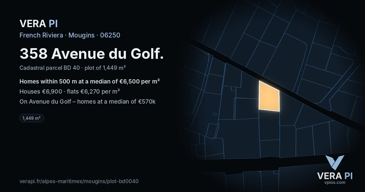 358 Avenue du Golf, Mougins at night – the plot lit, the parcels around coloured by the prices near them