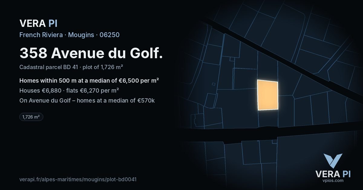 358 Avenue du Golf, Mougins at night – the plot lit, the parcels around coloured by the prices near them
