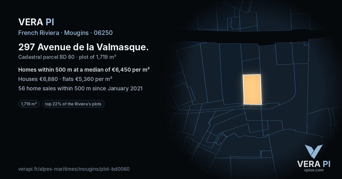 297 Avenue de la Valmasque, Mougins at night – the plot lit, the parcels around coloured by the prices near them