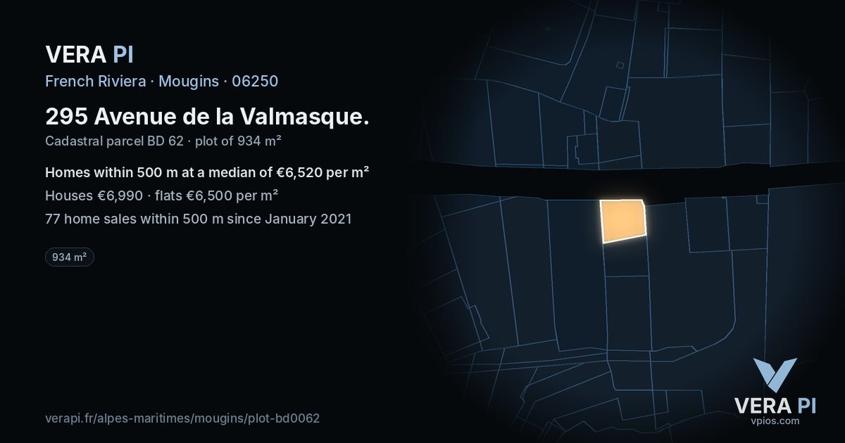 295 Avenue de la Valmasque, Mougins at night – the plot lit, the parcels around coloured by the prices near them