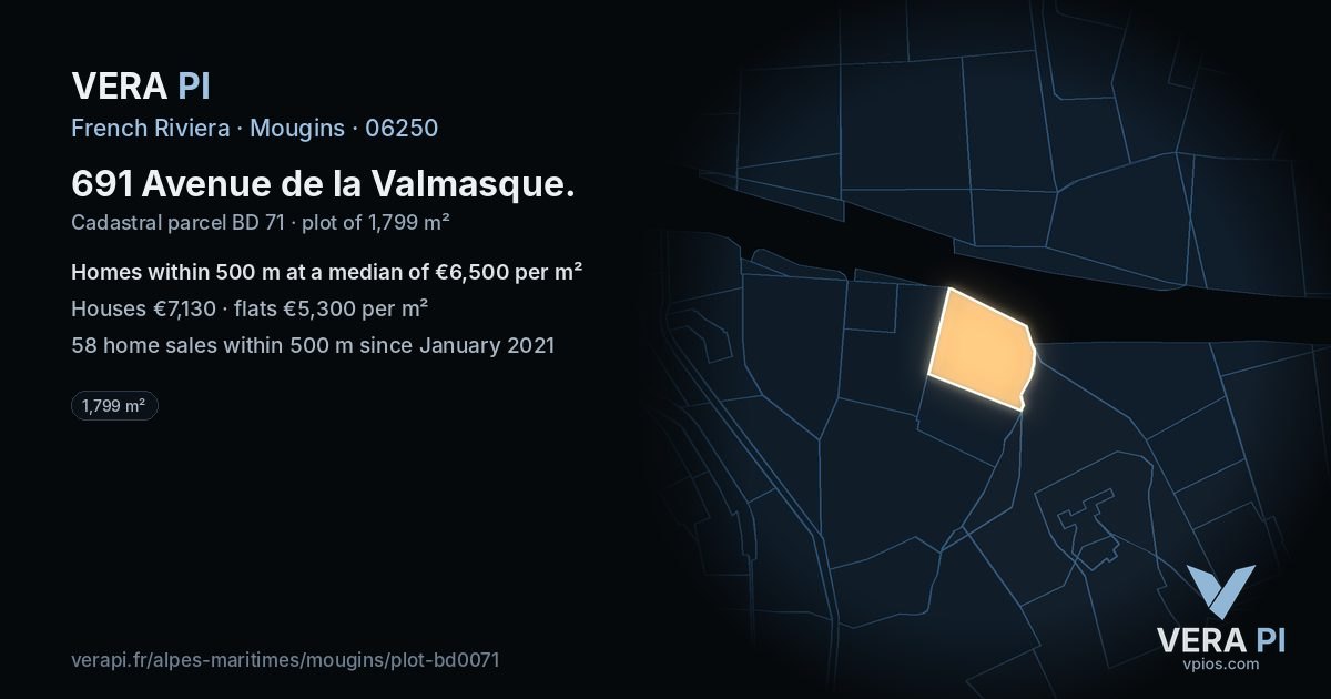 691 Avenue de la Valmasque, Mougins at night – the plot lit, the parcels around coloured by the prices near them