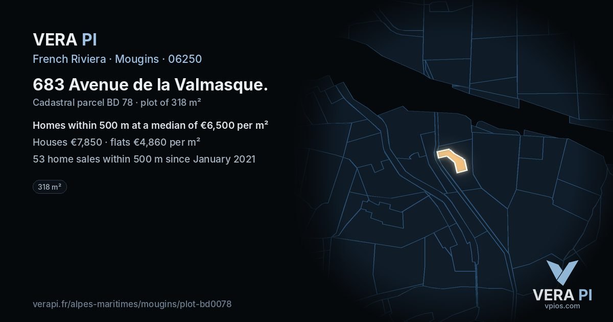 683 Avenue de la Valmasque, Mougins at night – the plot lit, the parcels around coloured by the prices near them