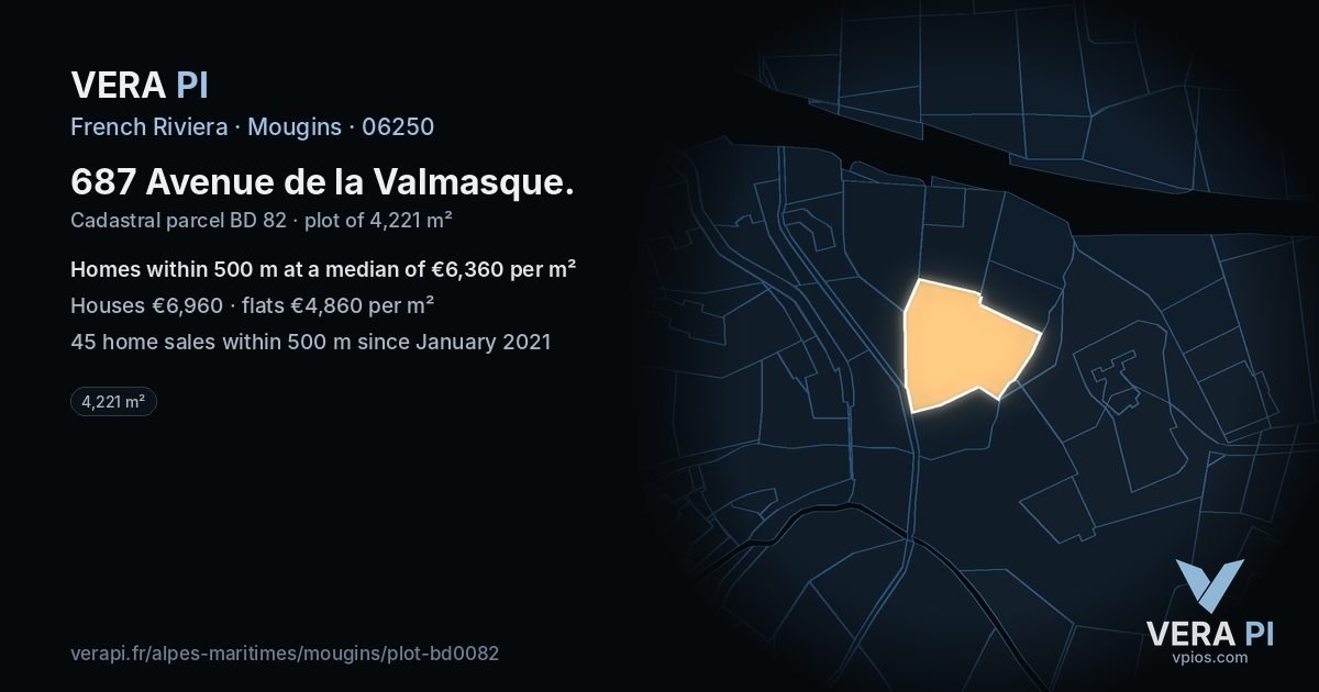 687 Avenue de la Valmasque, Mougins at night – the plot lit, the parcels around coloured by the prices near them