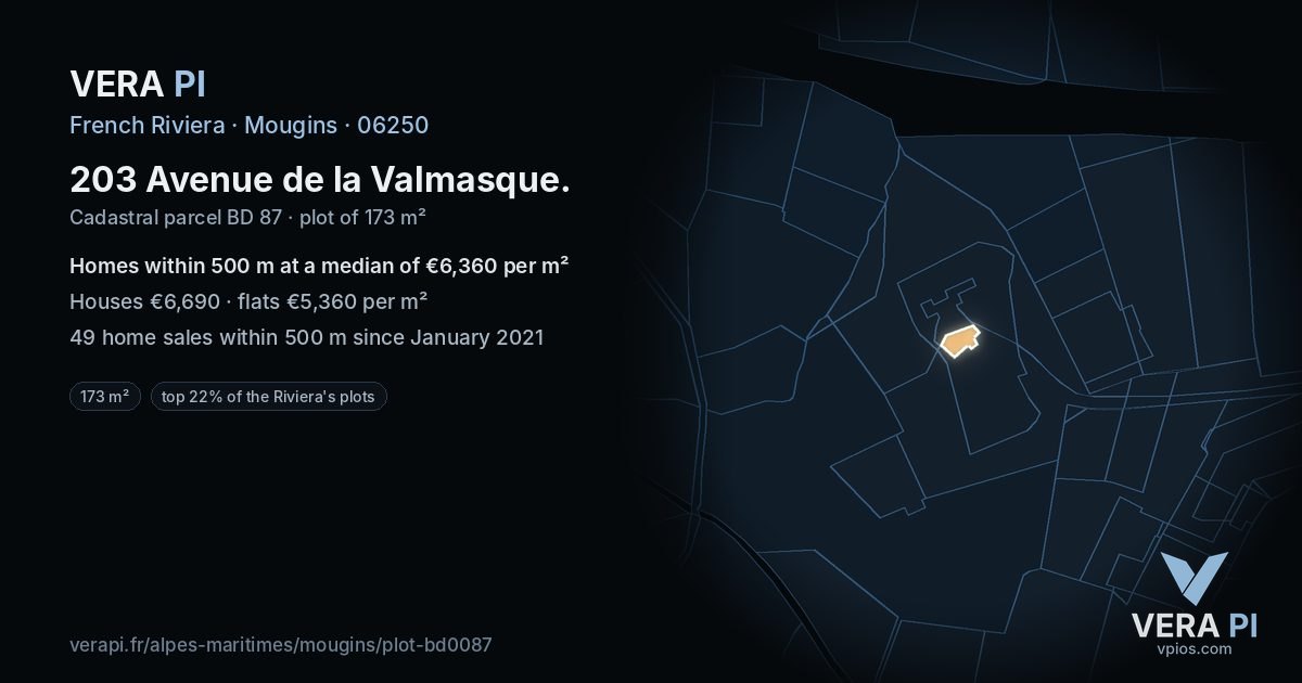 203 Avenue de la Valmasque, Mougins at night – the plot lit, the parcels around coloured by the prices near them