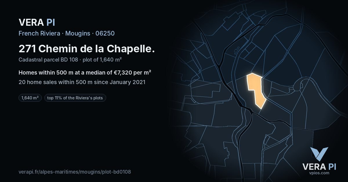 271 Chemin de la Chapelle, Mougins at night – the plot lit, the parcels around coloured by the prices near them