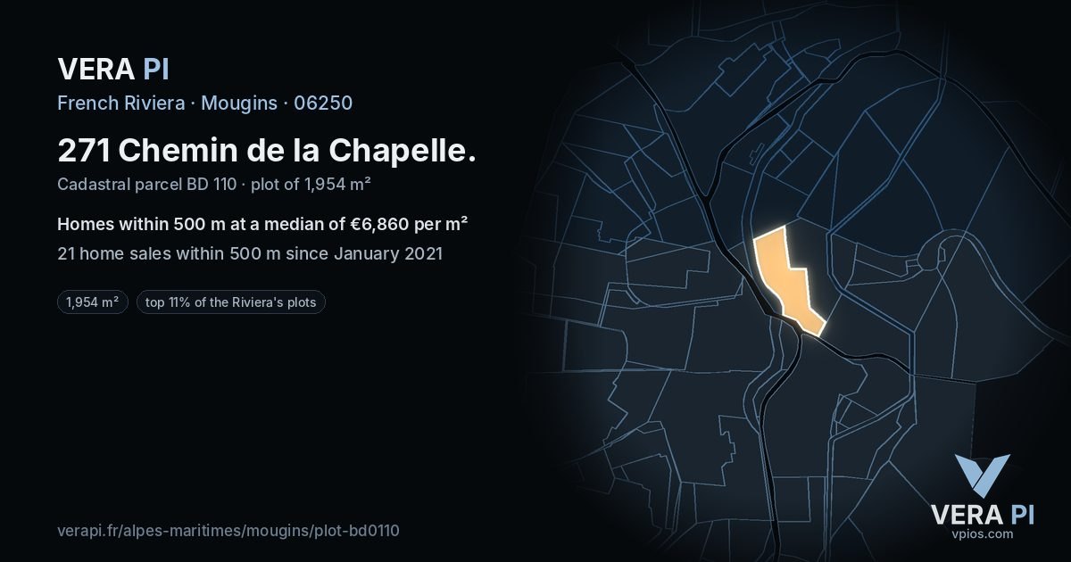 271 Chemin de la Chapelle, Mougins at night – the plot lit, the parcels around coloured by the prices near them