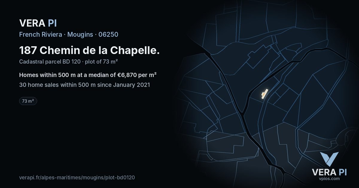 187 Chemin de la Chapelle, Mougins at night – the plot lit, the parcels around coloured by the prices near them