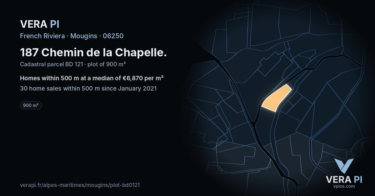 187 Chemin de la Chapelle, Mougins at night – the plot lit, the parcels around coloured by the prices near them