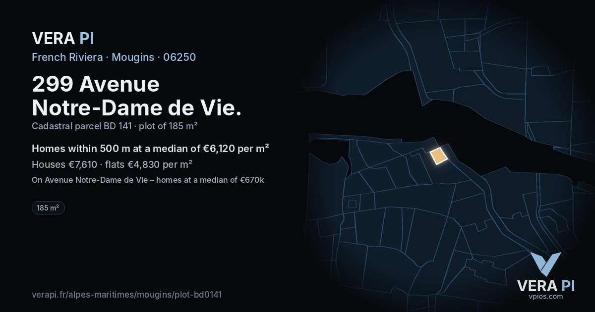 299 Avenue Notre-Dame de Vie, Mougins at night – the plot lit, the parcels around coloured by the prices near them