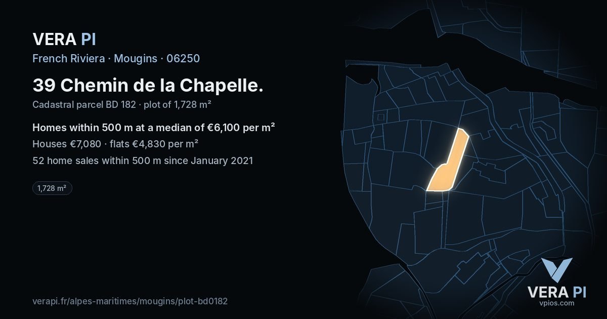 39 Chemin de la Chapelle, Mougins at night – the plot lit, the parcels around coloured by the prices near them
